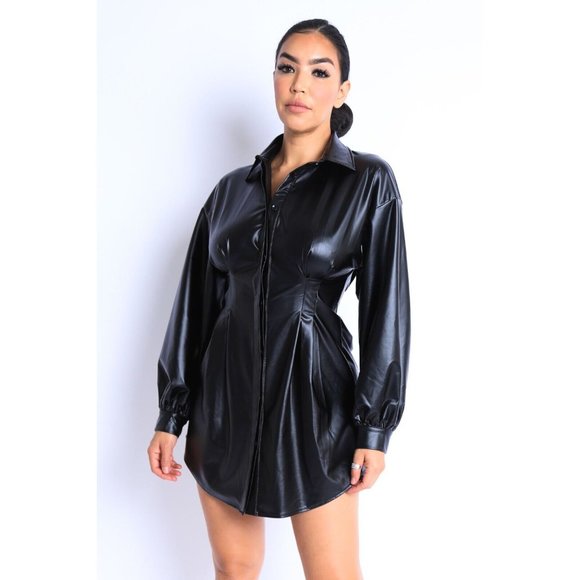 Women's PU Faux Leather Tuck Long Sleeves Button Down Mini Shirt Dress Top S M L - Picture 7 of 8